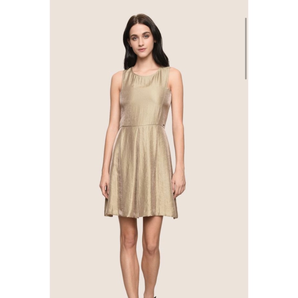 Armani Exchange Gold METALLIC SCOOPED-ARM FIT-AND-FLARE Dress
